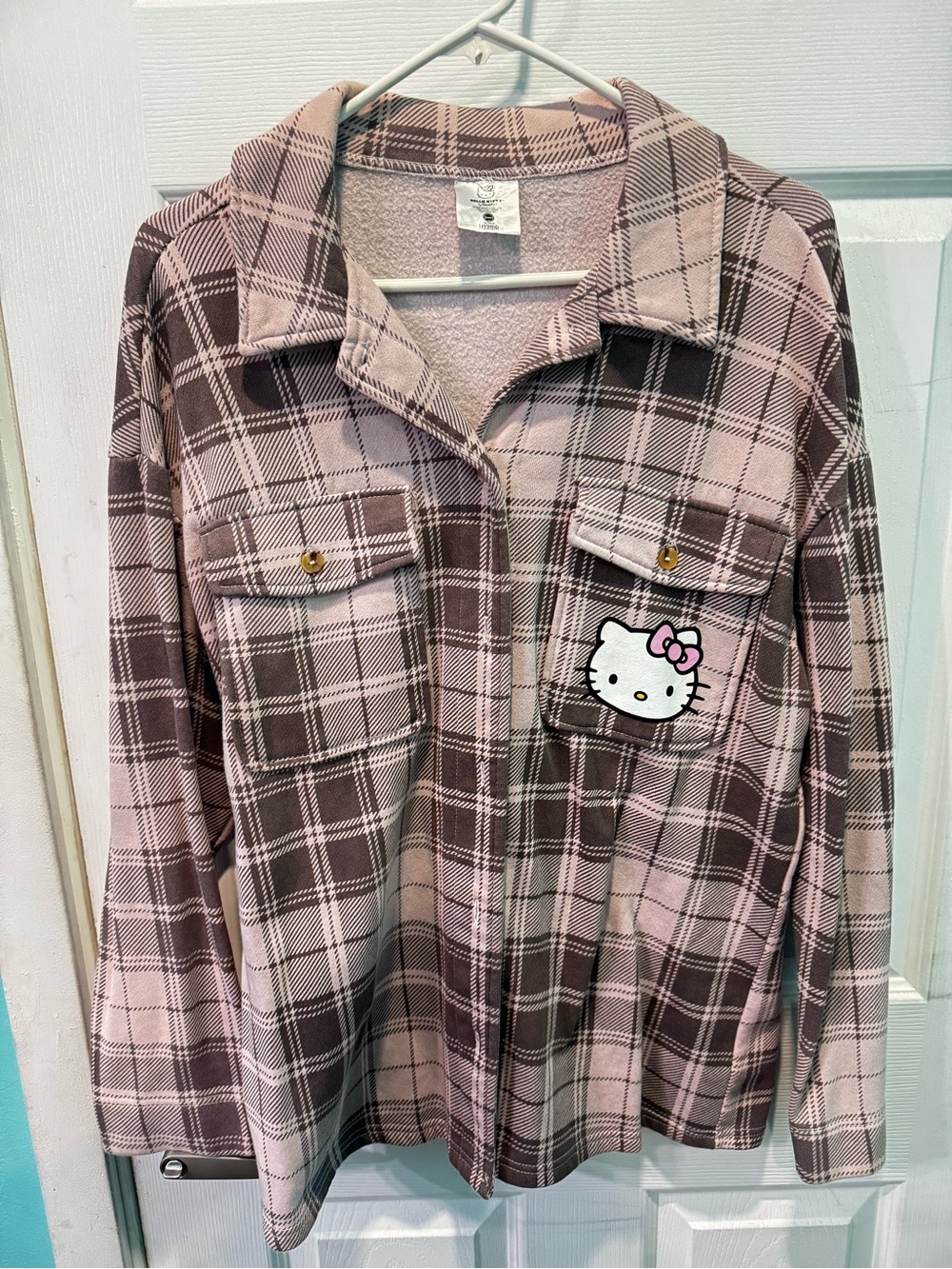 Hello Kitty Pink Brown button up women’s flannel shacket